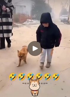 a little boy walking next to a small dog on a sidewalk in front of other people