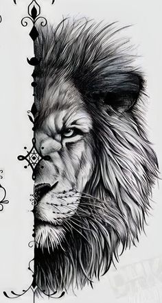 a black and white drawing of a lion's face with an ornate border around it