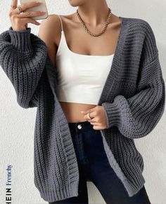 Add this to your cosy wardobe this winter, #SHEINOFFICIAL Drop Shoulder Cardigan, Cardigan Casual, Long Sleeve Knitted Cardigan, Drop Shoulder Sweaters, Cable Knit Cardigan, Casual Design, Plus Size Kleidung, Long Sleeve Knit Tops, Long Sleeve Cardigan