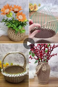 four pictures showing different baskets with flowers in them