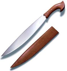 a large knife with a wooden handle on a white background