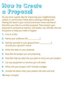 a blue and white poster with the words how to create a proposal