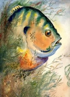 a watercolor painting of a fish in the grass with its mouth open and it's tongue out