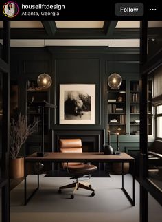 an office with dark green walls and leather chair in the foreground, bookshelves on either side