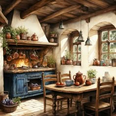 a painting of an old fashioned kitchen with pots and pans on the stove top