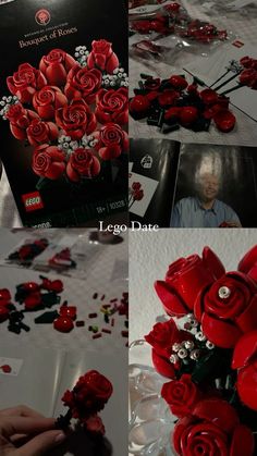 red roses are arranged on the table and placed in front of a black card board