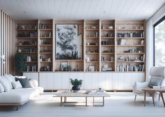 a living room filled with furniture and bookshelves next to a large glass window