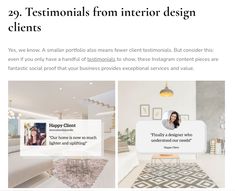 the homepage for an interior designer is shown in three different pictures, including a living room