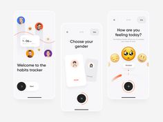 three mobile screens showing different emoticions and facial expressions, one with the text'how are you feeling today? '