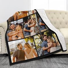 a blanket that has photos of people on it