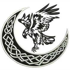 a black and white bird flying over the moon with celtic designs on it's side