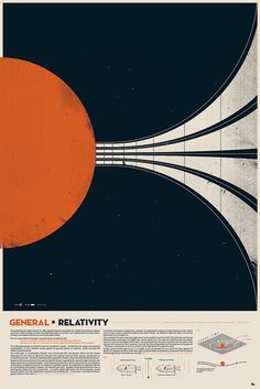 an orange and black poster with the words general relatity in it's center