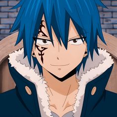 an anime character with blue hair and piercings on his face looking at the camera