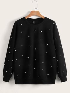 Black Casual  Long Sleeve Polyester Plain Pullovers Embellished Slight Stretch Spring/Fall Women Sweatshirts Winter Outfits Pants, Mob X Reigen, Women Sweater Dress, Sweatshirt Dresses, Shein Plus Size, Beads Fashion, Romantic Tops, Plus Size Pullover, Chic Sweater