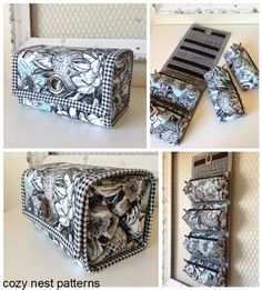 four different images of purses and wallets with the same fabric pattern on them