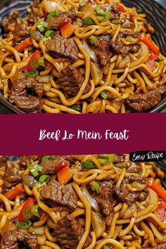 beef lo mein with noodles and vegetables in a bowl