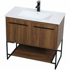 a bathroom vanity with a white sink and wooden cabinet underneath the faucet, on an isolated white background