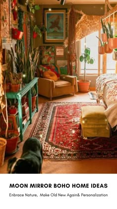 a bed room with a neatly made bed and lots of plants