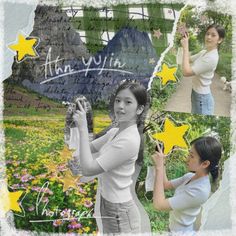 the collage shows two women holding flowers and one is taking pictures with her cell phone