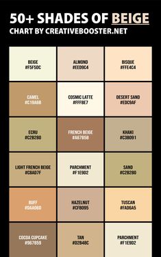 Welcome to our exploration of every possible beige shade known in the color world! From buttery creams to sandy browns, we will explore all the different shades of beige that are out there. We'll discuss their color names, hex codes and various other color codes so you can get creative with your work. Beige is such a v Beige Colours Shades, Sand Color Outfit, Beige Shades Colour Palettes, Warm Pallet Colors, Beige Hex Code, Hex Codes Palette, Creme Color Palette, Mocha Color Palette, Beige Color Code