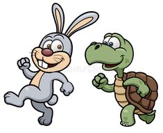 cartoon rabbit and tortoise running to each other