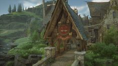 an animated image of a medieval village with a clock on the door and a flag hanging from it's roof