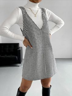 Free Returns ✓ Free Shipping✓. SHEIN BIZwear Plaid Print Overall Dress Without Sweater Workwear- undefined at SHEIN. Women’s Dress Casual Outfits, Houndstooth Overall Dress, Plaid Dress White Shirt Under, Tie Strap Dress With Shirt Underneath, White Collar Outfits Women, Summer Dress In Winter Outfits, Pinafore Dress Black, Winter Dresses Modest, Black And White Clothes For Women