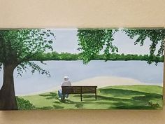 a painting of a man sitting on a bench in front of a tree and water