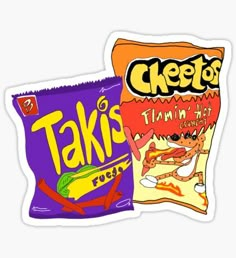 two bags of cheetos and tacos stickers are shown in this image