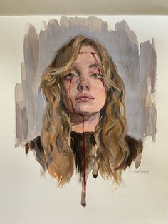 a painting of a woman's face with blood dripping from her mouth and head