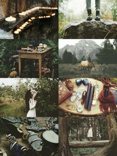 a collage of photos with candles, plates and other things on it in the woods