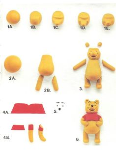 the instructions for making winnie the pooh bear toys are shown in red and yellow