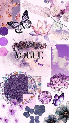 a collage of flowers and butterflies with the word yogi on it's side