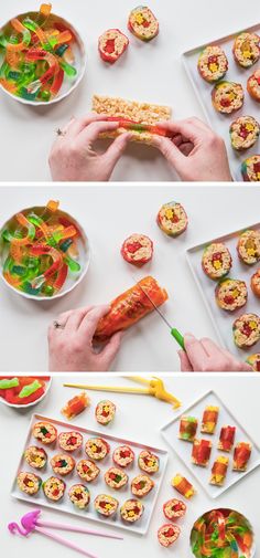 the process of making sushi rolls is shown here