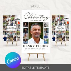 an image of a poster with photos on it and the text celebrating the life of henry fisher