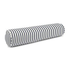 a large blue and white striped roll pillow on a white background, with the bottom rolled up