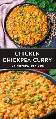 chicken and chickpea curry in a skillet, with the title above it