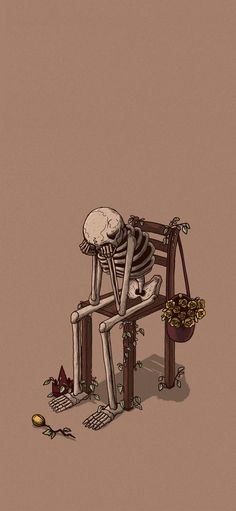 a skeleton sitting on top of a wooden bench