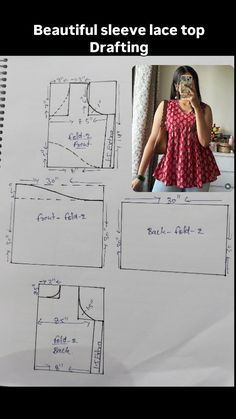 a woman in a red dress is talking on her cell phone while standing next to a sewing pattern