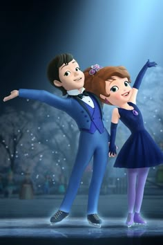 a man and woman dressed in blue are dancing on the ice rink with their arms outstretched