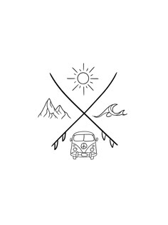 a black and white drawing of two crossed skis with the sun above them on a white background