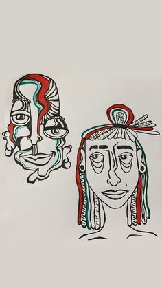 two drawings of native american women with red, green and blue hair on white paper