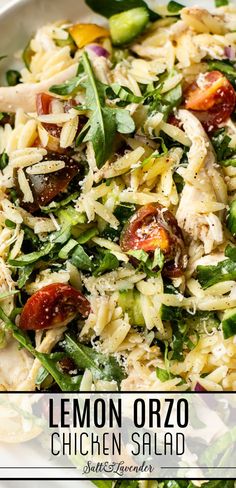 closeup of pasta salad with text overlay that reads lemon orzo chicken salad Orzo Salad With Chicken, Chicken Orzo Salad, Chicken Orzo Pasta, Lemon Pasta Salads, Orzo Spinach, Boursin Recipes, Orzo Pasta Recipes, Lemon Orzo Salad