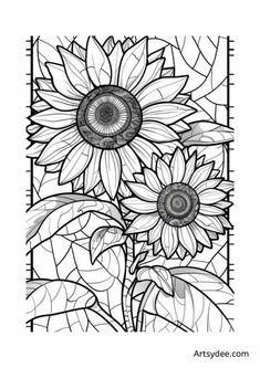 a sunflower stained glass window in black and white