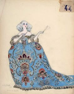 a drawing of a woman in a blue dress with an elaborate design on the skirt