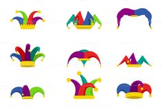 different colored clown hats on white background