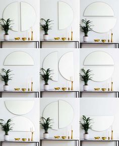 multiple images of plants and candles in front of a round mirror on a shelf next to a potted plant