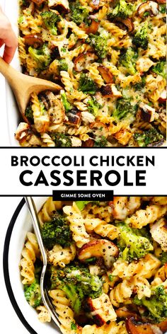 broccoli chicken casserole is in a white dish with a wooden spoon