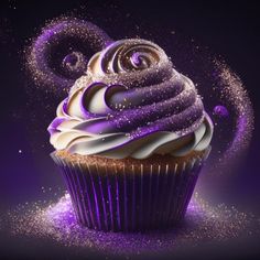 a purple cupcake with white frosting and sprinkles