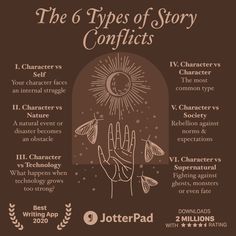 the 6 types of story confiits info sheet with hand and sun above it